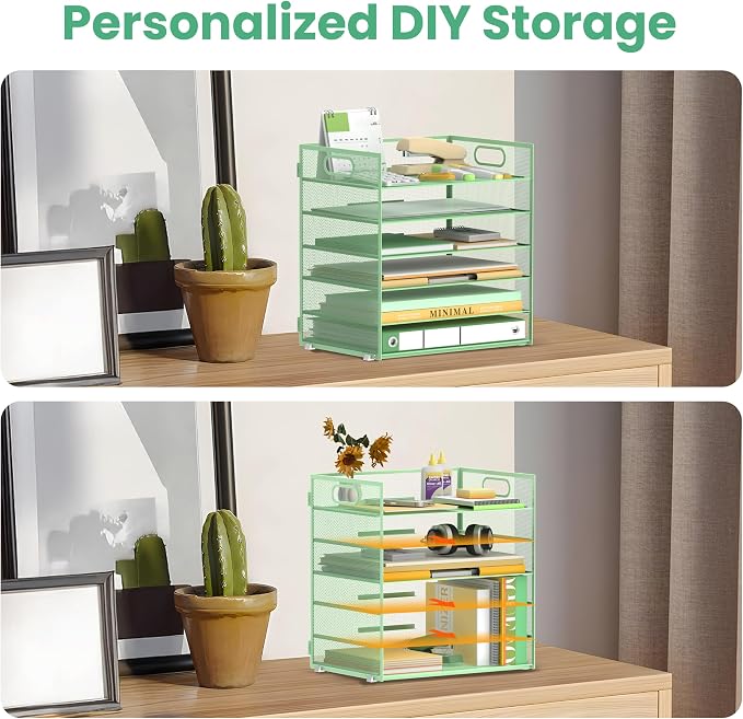 Daltack 6-Tier Paper Organizer for Desk with Handle, Green | Sturdy Metal Mesh Organizer with Movable Middle Trays and a Carry Handle for Papers, Folders and Office Supplies