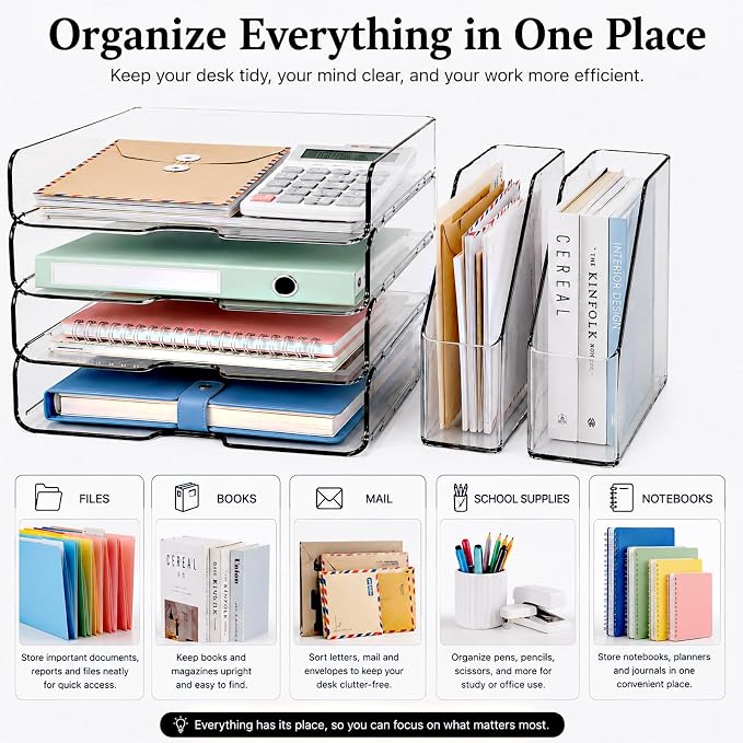 DCA 4 Tier Clear Desk Organizer, Letter Tray with 2 Magazine Holders | Stackable Desktop File Storage | Documents, Books & Supplies | Office & Home | Large Capacity