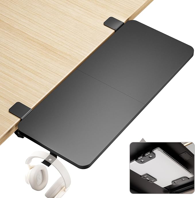 Desk Extender Tray, 28" x 12", with Laptop Holder, Large, Black | Desk Extension, Clamp on Desk Shelf, Clamp On Keyboard Tray for Office and Home, Workstation Organizer