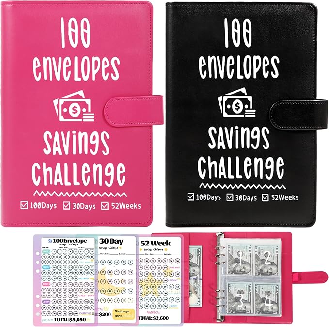 2 Pack 100 Envelopes Money Saving Challenge, Cash Budget Planner A5 Binder | Savings Challenges Book Organizer Folder with 3 Tracker to Save $5,050 $2,600 $300, 100 Pre-numbered Pockets, Black & Red