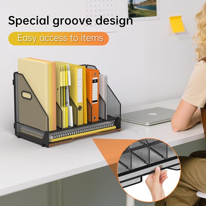 Docnest Mesh Desk File Organizer, 5 Vertical Compartment Box Sorter, Black | Features 4 removable middle dividers for custom spacing and a bottom letter tray to hold paper, mail, and documents