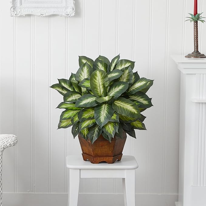 Nearly Natural 24 in Artificial Golden Dieffenbachia Plant with Pot | Variegated Foliage Silk Plant, Modern Hexagon Planter, Maintenance-Free Indoor Faux Greenery, Room Decor