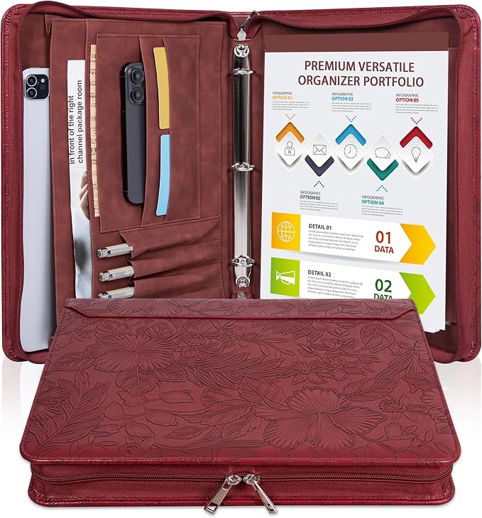 Vintage Red Embossed Vegan Leather Binder Portfolio for Women,3 Ring Portfolio Binder with Zipper, A4 PlannerBinder with Laptop Pocket, Legal Size Padfolio,WorkBinder Organizer for Women Padfolio