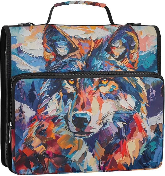 Mountain Wolf Colorful Zipper Binder with Shoulder Strap Bag 3 Ring Binder Organizer Large Capacity Multiple Compartments for School Office