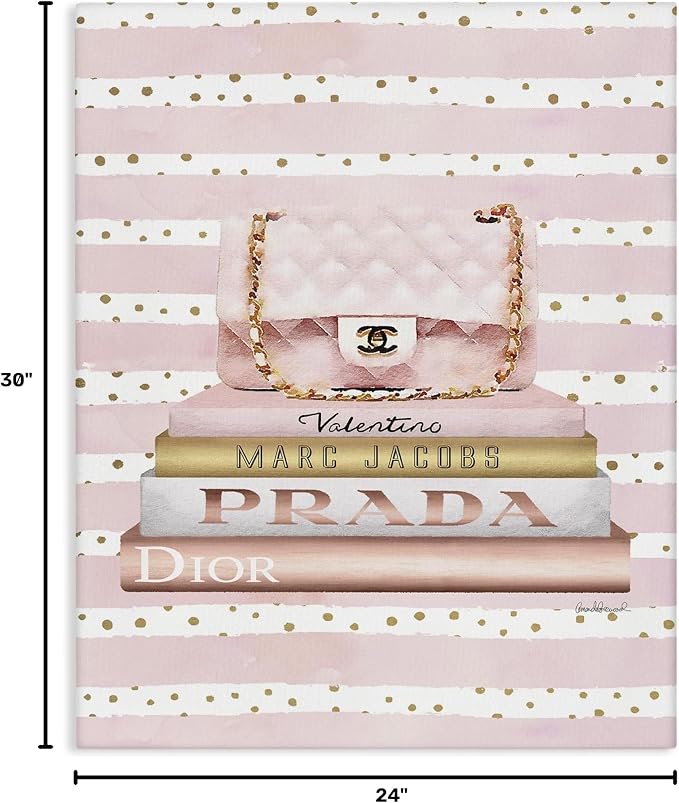 Stupell Industries 'Pink Purse Bookstack over Stripes'| Canvas Art | Stupell Industries | 24 x 30 Inches, Easy to Hang and Sturdy, Made in USA, by Amanda Greenwood