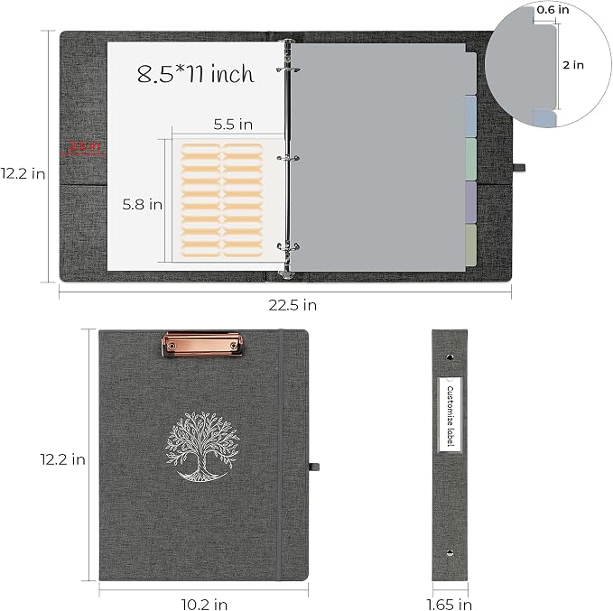 EYROZILL 3 Ring Binder, 1 Inch Linen Binder Organizer for Letter Size (8.5" x 11") with 5 Tab Dividers, File Folder Labels and Low Profile Clipboards, School and Office Supplies- Dark Grey