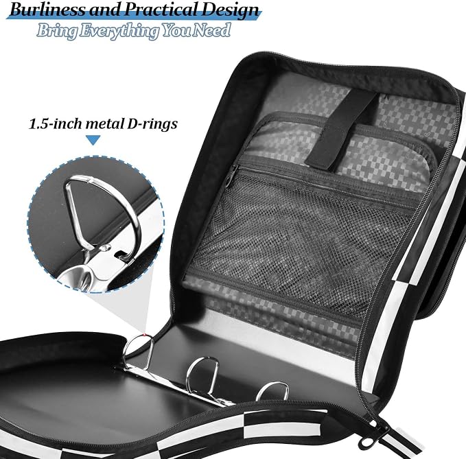 ALAZA Zipper Binder 3 Ring Black White Checkered Plaid Binder Organizer with Zipper and Shoulder Strap Large Capacity Multi-Pocket Trapper Keeper File Folder for Office Supplies
