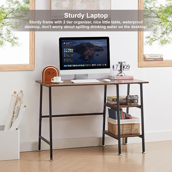 VECELO 43.1 Inch Computer Desk Home Office Walnut Study Desk Work Office Table with Shelves Wooden Desk for Bedroom 2 Set