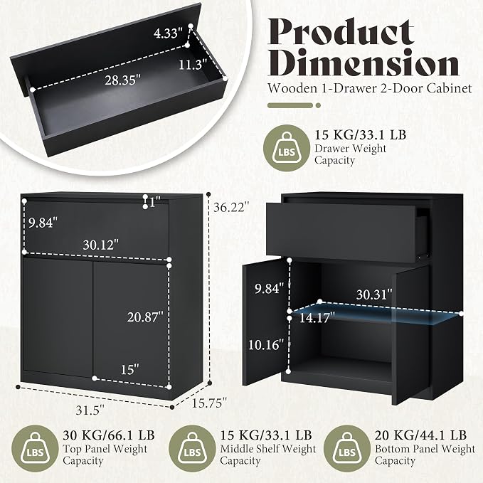AMERLIFE Storage Cabinet with 2 Doors, 32 x 16 x 36 Inch | 1-Tier Storage Case and Modern Display Shelf for Collectibles, Black