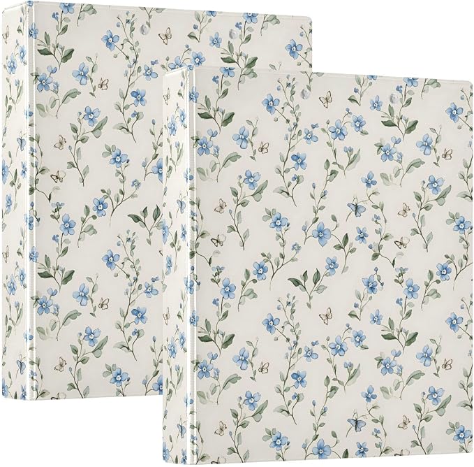 Blue Flowers Pattern 3 Ring Binder 1.5 Inch 2 Pack with 200 Sheet for Kids School Supplies Women Men Office