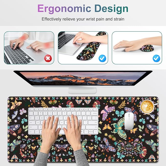 Desk Mat Pad, Gaming Mouse Pad Wrist Support Set, 4 in1 Non-Slip XXL Large Mousepad + Ergonomic Keyboard Wrist Rest+Mouse Wrist Rest+Coaster for Home Office Computer I Colorful Butterfly