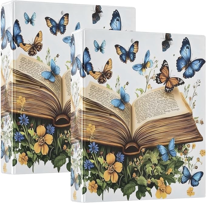 Butterfly Book 3 Ring Binder with 2 Interior Pockets 1.5 inch Binders 3 Ring Heavy Duty Fit 8.5" x 11" Letter Size for Office School, 2 Pack