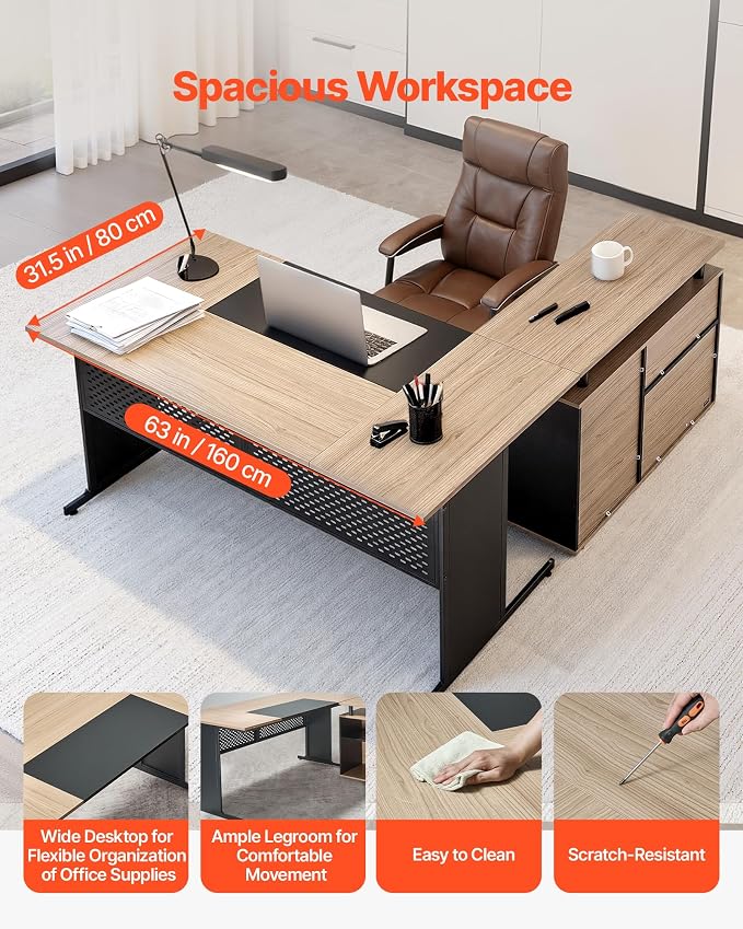 VEVOR 63" L-Shaped Executive Desk, Large Office Desk with Drawers, File Storage Cabinet, Detachable 350 LBS Load Capacity Corner Table, Easy Assembly, Business Furniture Workstation for Home Office