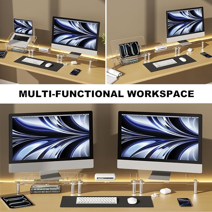Clear Acrylic Dual Monitor Stand Riser,Laptop Riser Adjustable to 8 Angles | Double Computer monitor riser for desk for 2 Monitors,Desktop organizer Stand for Laptop,PC,Printer,TV，Cute Desk Accessories
