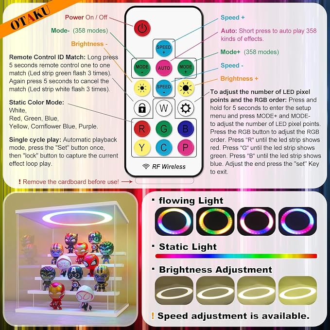 LANSCOERY Acrylic Display Case with RGBW Lights, 5 Tier White | 11.8 x 11 x 11.8 in case displays small figures on desks or shelves with tiered rows and front access.