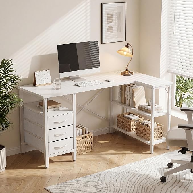 Alpen L Shaped Gaming Desk with Power Outlets, 47 Inch Computer Desk with 3 Drawers and Shelves, Corner Desk for Gaming, Study Writing PC Table with Storage and Reversible Shelf, White