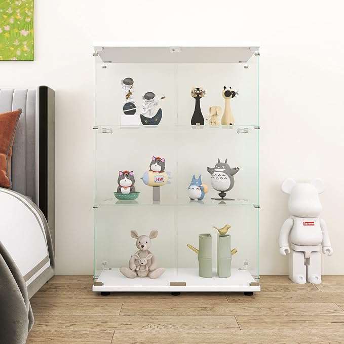 Frameless Glass Display Cabinet, Curio Cabinet with Lock and 2 Doors, Quick-Install Floor Standing Showcase Display Shelf for Collectibles, Legos, Figures, Plants