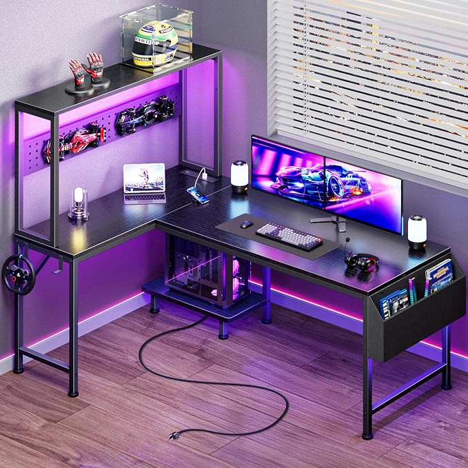 L Shaped Gaming Desk with LED Lights & Power Outlets | Reversible Computer Desk with Storage Shelves & Bag, Large Corner Home Office Desk with Pegboard for Work from Home, Black