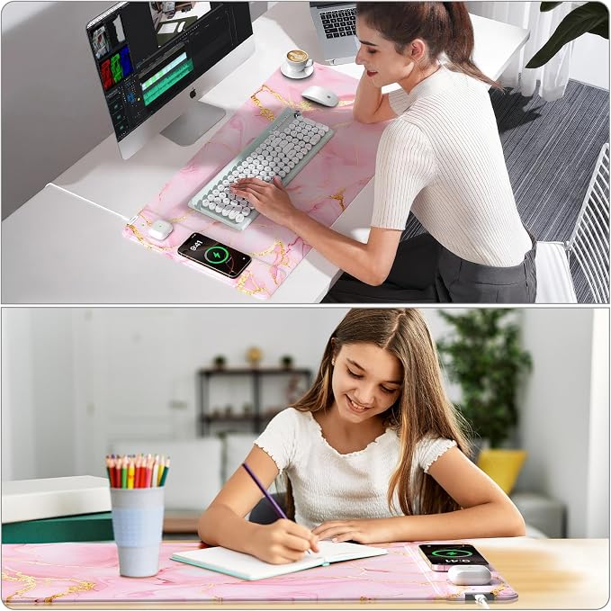 Pink Marble Mouse Pad with 15W Wireless Charging, with 20W Adapter | Large Gaming Desk Pad/Mat for Women Girls, Waterproof Ultra-Smooth Surface, Non-Slip Base, with 20W PD Adapter