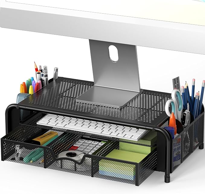 Simple Houseware Monitor Riser Stand w/Pull-Out Drawer & Pen Holder, Black