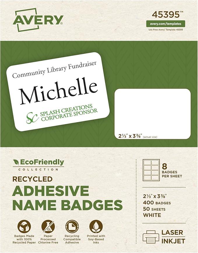 Avery EcoFriendly Recycled Name Tags, 2-1/3" x 3-3/8", White, Removable Adhesive, 400 Printable Name Badges (45395)
