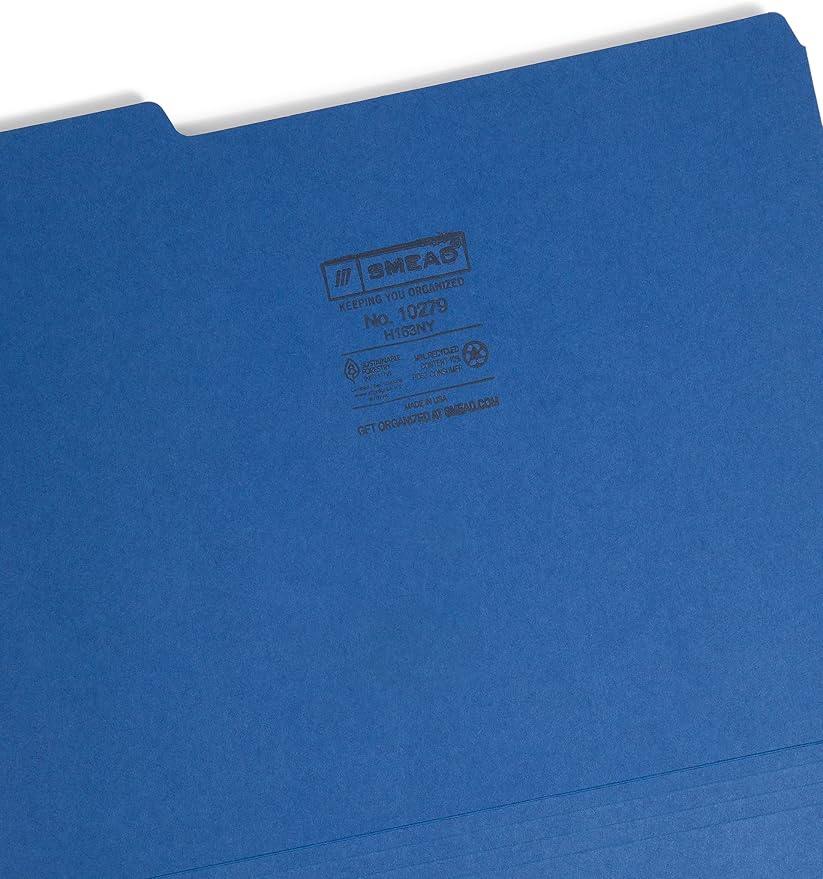 Smead Interior File Folder, 1/3-Cut Tab, Letter Size, Navy, 100 per Box, Expandable File Folders for Filing Cabinet