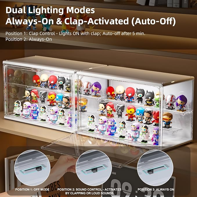 Acrylic Display Case for Collectibles with LED Light, 3 Layer Adjustable Figure Display Case with Magnetic Door, Lighted Display Box Stackable Clear Blind Box for Action Figure, Popmart, 2 Pack