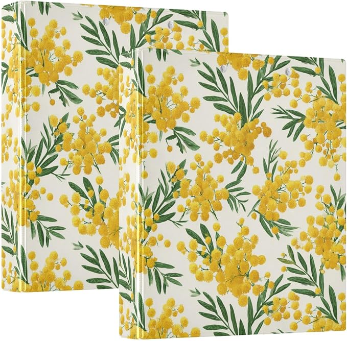 Small Yellow Mimosa Flower Print Binder 3 Ring 1.5 Inch Binder with Clipboard&Pockets, Hardcover Binders Heavy Duty Large File Folder for Office School Supplies - Holds 200 Sheets, 2 PC