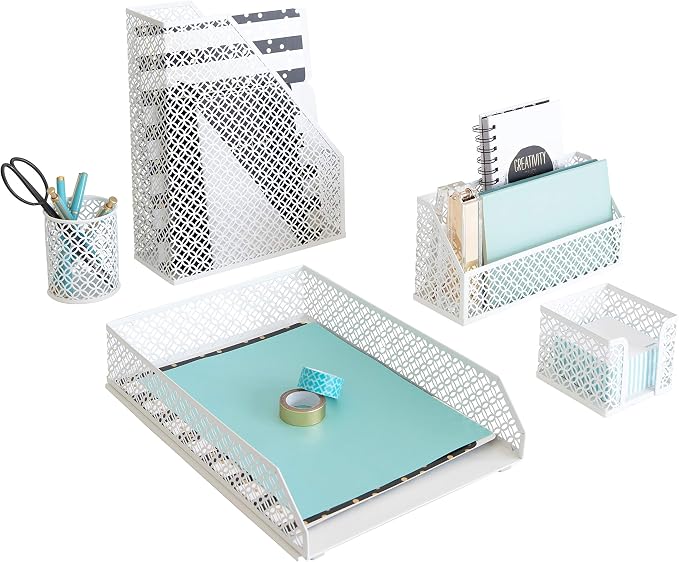 BLU MONACO | White Desk Organizer Set 6 Piece | Mail Sorter Organizer Countertop with Letter Sorter for Desk | Standing File Organizer for Desk with Pen Holders