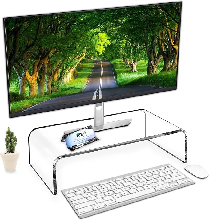 AMT 16 Inch Acrylic Laptop Monitor Stand, Computer Riser with Cat Keyboard Protector, Space-Saving Design, Extra Storage, Clear Shelf - Ideal for Monitors, Laptops, Printers, Desktop Decor