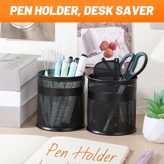 Segarty Pen Cup, 6 Pack Black Pen Holder for Desk, 3.9 x 4.2 inch Large Mesh Round Pencil Container Set Marker Holder Organizer for Office Supply, Desktop Accessories, School Student Teacher