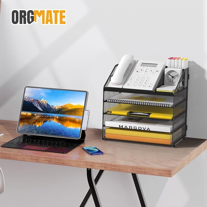 5 Tier Mesh Desk Organizer with Pen Holder and Handle Letter Tray | Metal desktop document shelf and paper sorter. Premium mesh workspace storage for office, home, and classroom