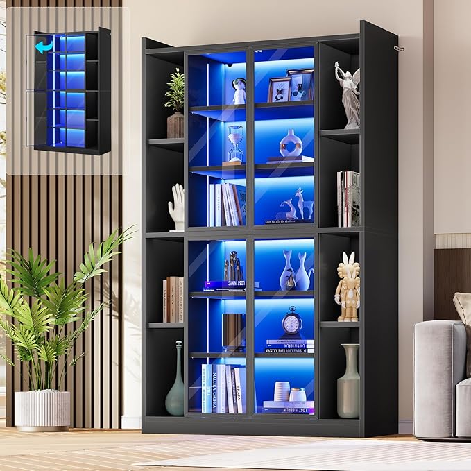 SEDETA 71" Tall 6-Tier Display Cabinet with Doors and Adjustable Shelves | Display Cases for Collectibles,Curio Cabinet with LED Lights & Acrylic Glass Doors for Bedroom Living Room Office,Black