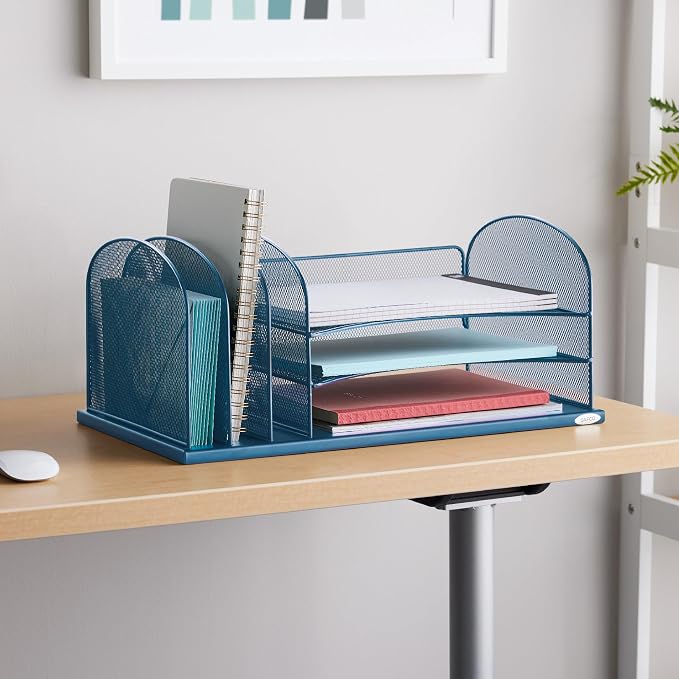 Safco Onyx Mesh 3 Sorter, 3 Tray Desktop Organizer | Durable Steel Mesh & Powder Coat Finish | Home, Office & Classroom Desktop Organization | 19.5"W x 11.5"D x 8.25"H | For Office, Home, Mailrooms