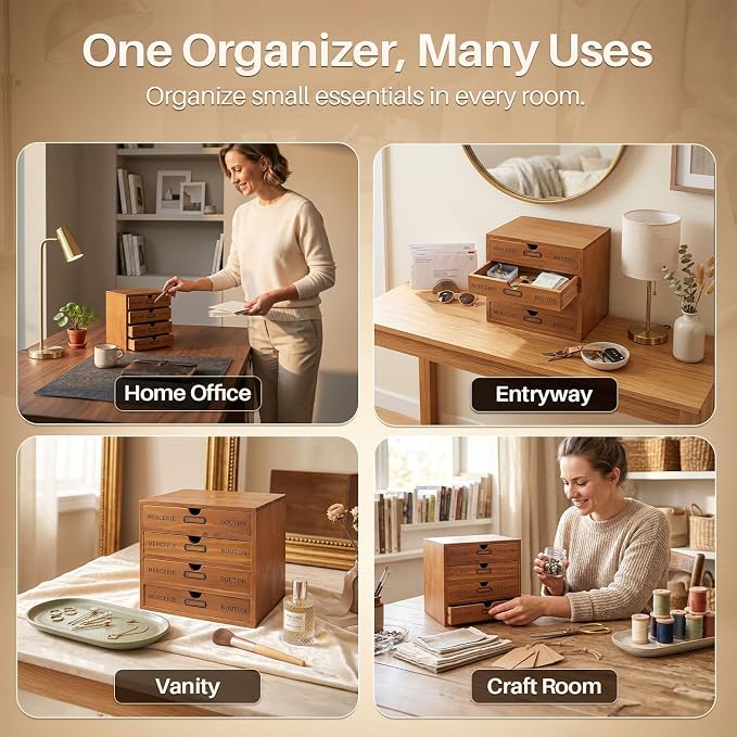Flexzion Wooden Storage Box with 2 Drawers, Vintage Desktop Organizer | Compact Desk Organizer with Drawers for Office Supplies, Mail, Crafts and Vanity Items; 9.6 X 6.6 X 4.9 In; Fully Assembled