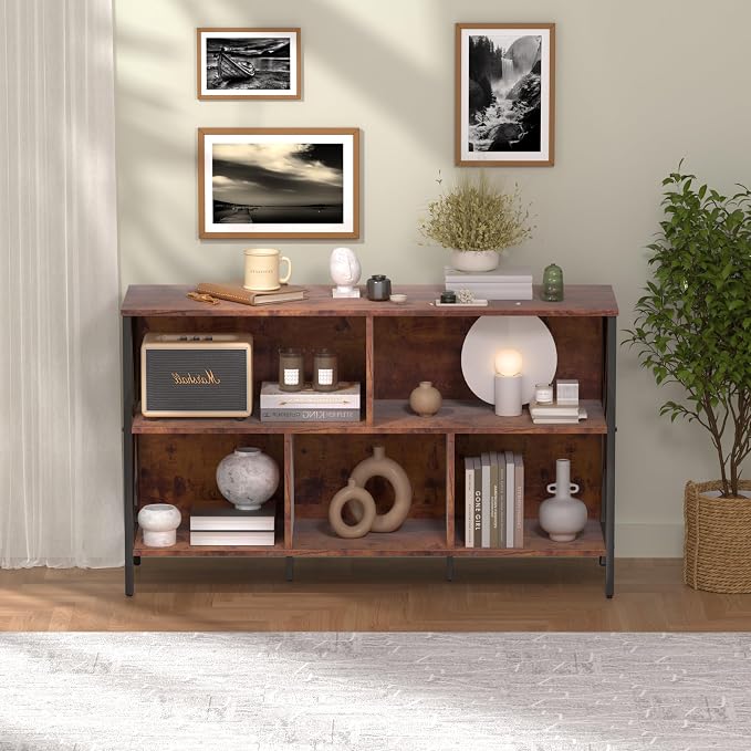 Adompacat 47" 5 Cube Low Bookshelf, Rustic Wood Storage Horizontal Bookcase | 320lbs heavy duty, robot vacuum friendly, 30-min assembly, open cubby storage for home office bedroom living room