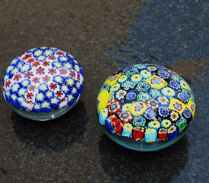 Yao Yuan Handcrafted Glass Paperweight - Beautiful Flower Figurine, Unique Desk Accessory for Home or Office (Yellow millefiori, 4 in)