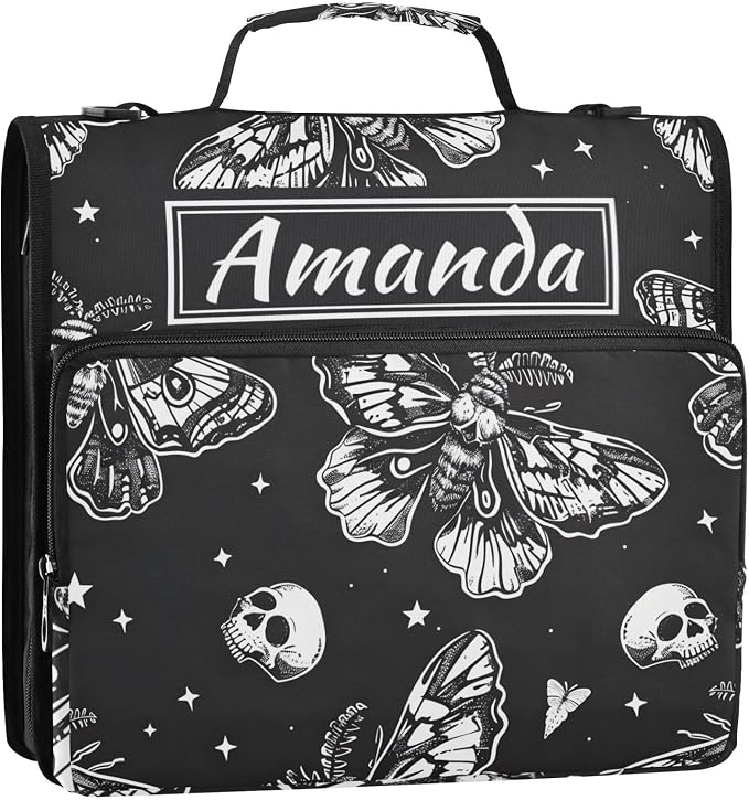 Custom 3 Ring Zipper Binder Skull Moon Moth Black Skeleton Personalized Name 1.5 inch Binders Large Capacity Multi Pockets for School Office Supplies