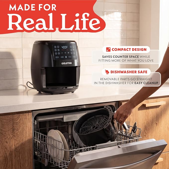 Gourmia Air Fryer - 4 Qt Capacity, FryForce360º, Digital Display with 8 Presets, Roast, Bake, Broil, Dehydrate, Dishwasher Safe Accessories, Compact, Black