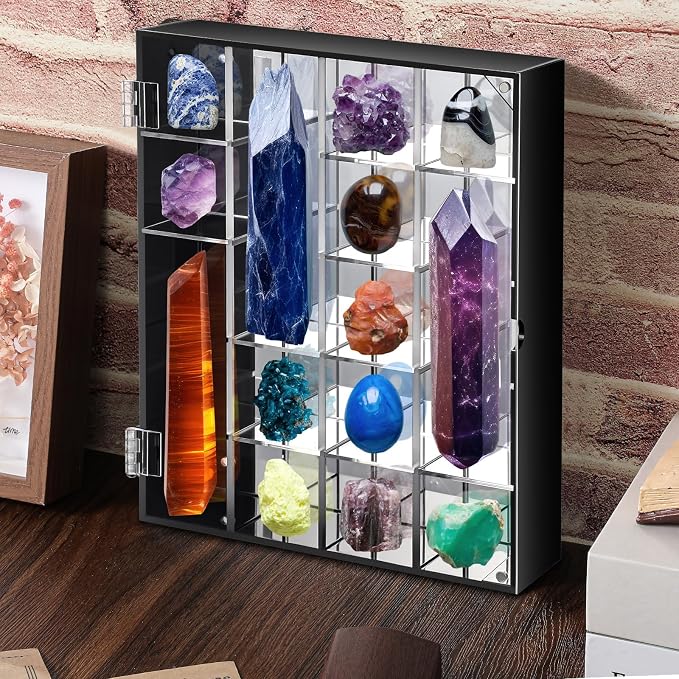 Cinnvoice Rock Display Case 20 Grids,Black Border,Square | Adjustable Acrylic Display Case, Crystal Organizer for Collectible, with Built-in Mirrored, Magnetic Door, Wall Mount