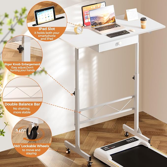 COMHOMA Standing Desk Adjustable Height & Tiltable Tabletop, Portable Stand Up Desk for Laptop, Mobile Folding Desk for Home Office Work and Walking Pad Treadmill, Height 30.7"-46.4", White