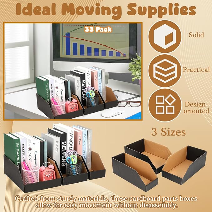 Novabright 33 Pack Cardboard Storage Bins Boxes, 3 Size Open Top Bin Box in 12"x8"x4.5"/ 12"x6"x4.5"/ 12"x4"x4.5", Corrugated Cardboard File Organizer for Warehouse, Parts, Shelf, Garage, Pantry, Shop