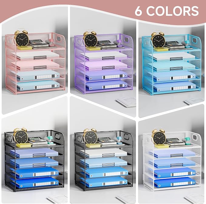 5-Tier Stackable Paper Organizer with Handle, Pink | Metal Mesh Letter Tray, Stylish Desk File Sorter for Office, Home & Classroom Supplies