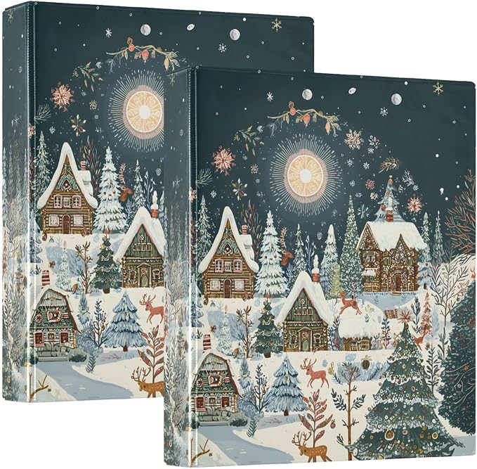 3 Ring Binder Christmas House Winter 1.5 inch Binders Three Ring Binders with Clipboard Fit 8.5'' x 11'' Paper 3 Interior PVC Clear Pockets for Office Supplies