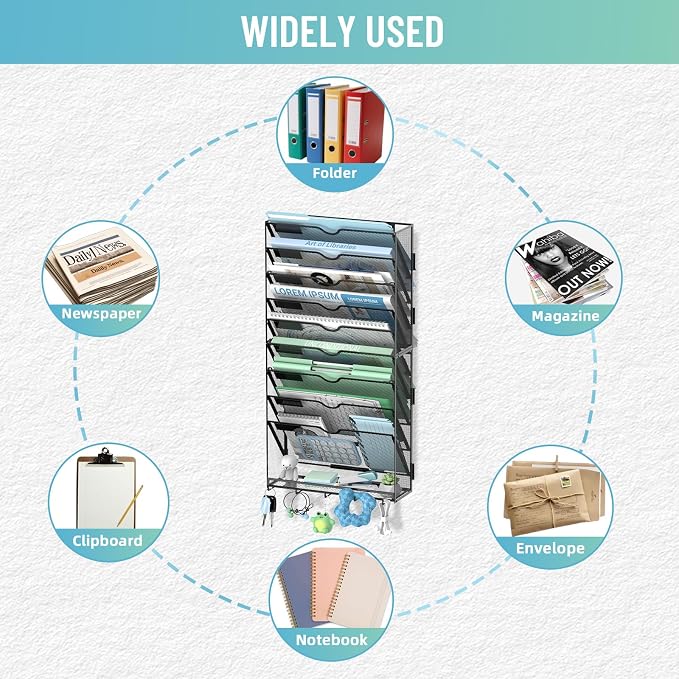 10-Tier Wall File Organizer with 5 Hooks, Wall Mounted Mail Organizer | File Holder Organizer, Metal Mesh Office Wall Organizer for Home, School & Classroom