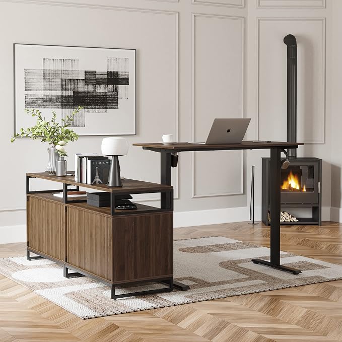BANTI 66 Inches L Shaped Standing Desk with Drawers & Shelves, Executive Desk Adjustable Height Desk, Desk with Storage, Black Walnut Top/Black Frame