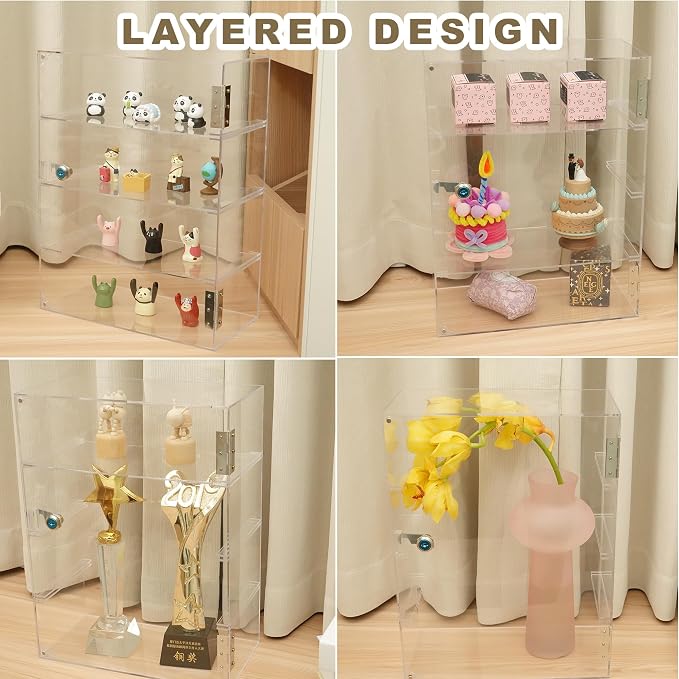 4 Shelf Acrylic Display Case with Lock, Cabinet for Collectibles | Clear lockable countertop showcase, vitrinas para colecciones, small case for figures, jewelry, bobblehead, perfume, knife