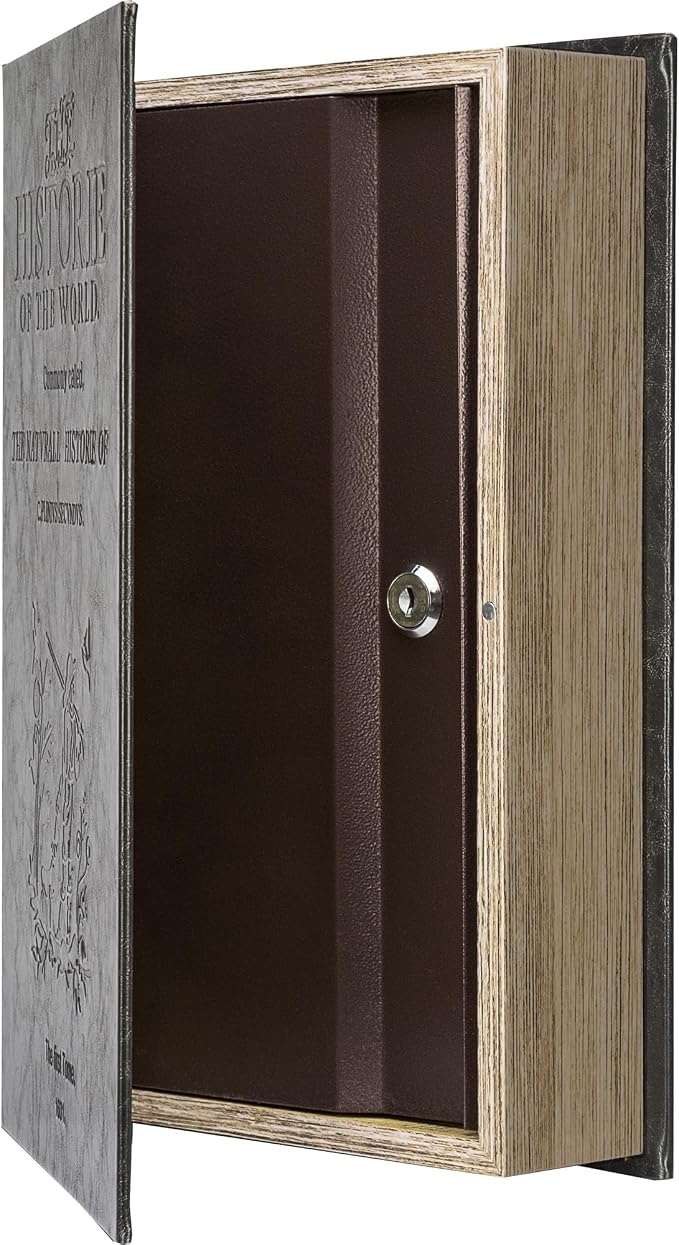 Barska Large Antique Book Lock Box with Key Lock , 8.75" x 2.75" x 13", black | Steel safe door with magnetic closure and key lock for jewelry, passports and documents
