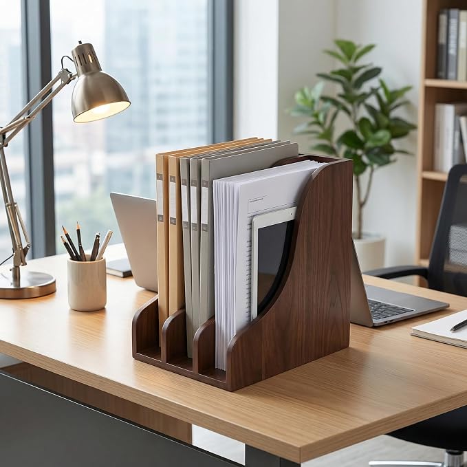 Solid Wood Vertical File Organizer, No Assembly Desk Mail Document Holder | Multifunctional Paper Mail Organizer for Office & Home, Custom Wooden Magazine File Holder for Books Binders Laptops, Desktop