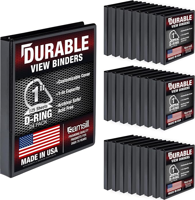 Samsill Durable 1 inch 3 Ring Binder, D Ring Binder, 100% Recycled Chipboard, Black, 24 Pack - Bulk